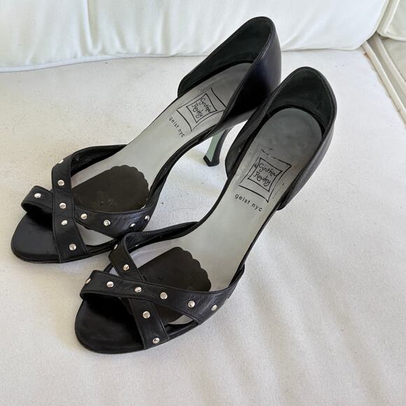 Cynthia Rowley Peep Toe Stud Heels 7.5 Black Leather Glam Academia Prep 90s Y2k - Picture 6 of 6